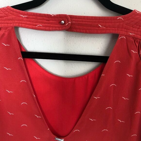 IKKS Coral Red Orange Bird Print Flutter Sleeve Mini Dress - Picture 9 of 10